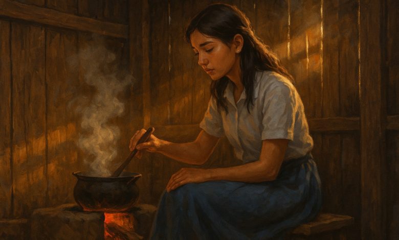 Seorang perempuan muda duduk di dapur sederhana, mengaduk masakan di atas tungku kayu dengan uap yang mengepul.