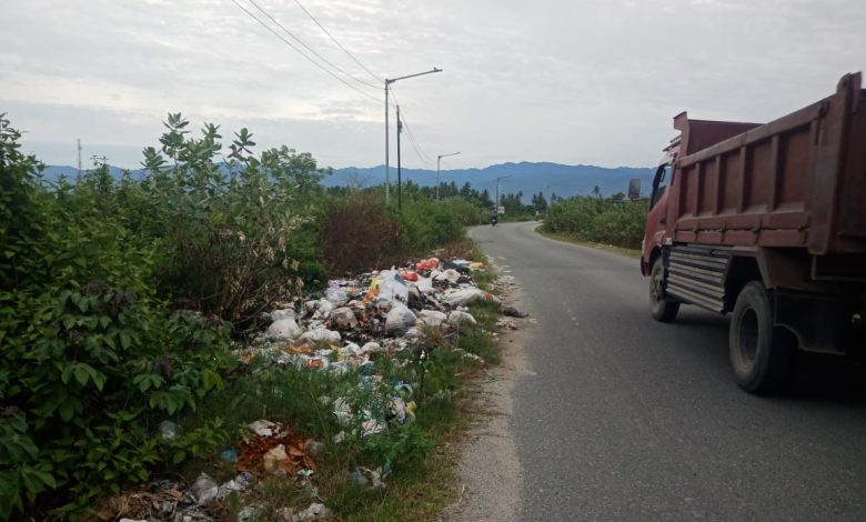 Tumpukan sampah rumah tangga terlihat di ruas jalan penghubung Desa Kota Pulu, Kecamatan Dolo, dan Desa Beka, Kecamatan Marawola, tak jauh dari jembatan penyeberangan. (Foto: INTERKINI.CO)