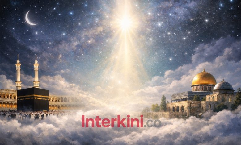 Ilustrasi peristiwa Isra Mi‘raj. Visual bersifat simbolik dan tidak merepresentasikan kejadian secara faktual. (Dok: INTERKINI.CO)
