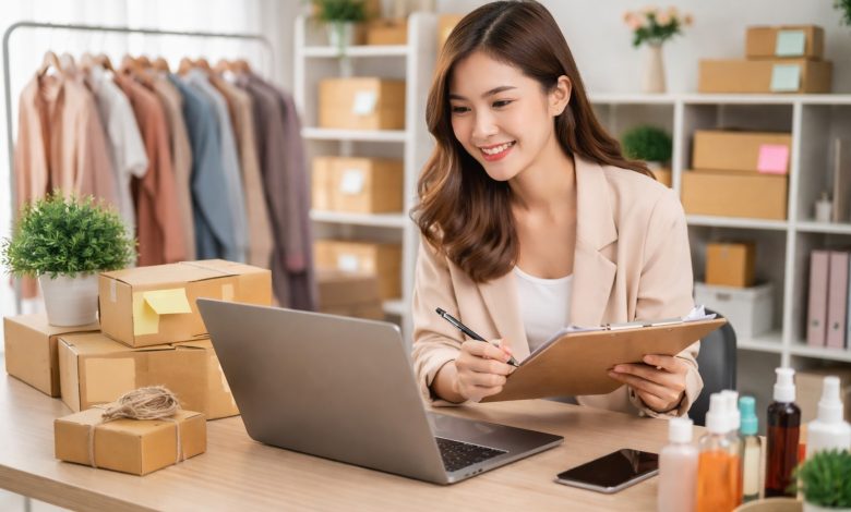 Ilustrasi aktivitas perempuan pelaku UMKM dalam mengelola usaha.