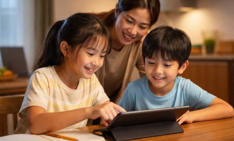 Ilustrasi penggunaan perangkat digital oleh anak dengan pendampingan orang tua di rumah.
