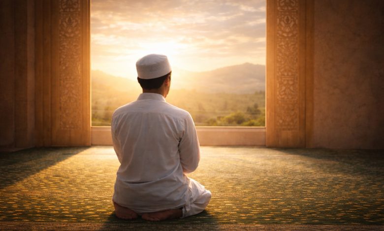 Ilustrasi seorang muslim berdoa dan merenung di dalam masjid