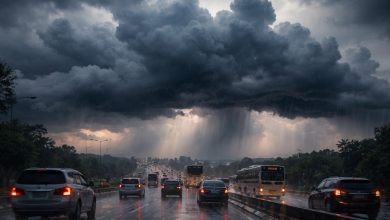Ilustrasi awan hujan tebal menyelimuti langit saat kendaraan melintas di jalan raya. (Foto: Interkini.co)