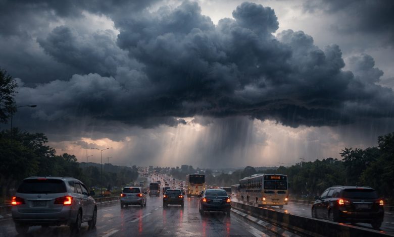 Ilustrasi awan hujan tebal menyelimuti langit saat kendaraan melintas di jalan raya. (Foto: Interkini.co)