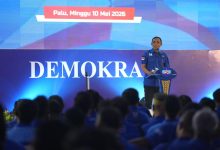 Ketua DPD Partai Demokrat Sulawesi Tengah Anwar Hafid menyampaikan pidato politik saat Musda V Demokrat Sulteng di Palu, Minggu (10/5/2026), sebagai bagian konsolidasi menuju Pemilu 2029.