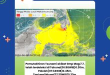 Peta pemutakhiran BMKG memperlihatkan sebaran potensi tsunami akibat gempa magnitudo 7,7 di Mindanao, Filipina, yang telah terdeteksi di beberapa wilayah pengamatan. Foto: BMKG.