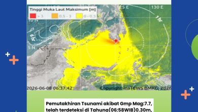 Peta pemutakhiran BMKG memperlihatkan sebaran potensi tsunami akibat gempa magnitudo 7,7 di Mindanao, Filipina, yang telah terdeteksi di beberapa wilayah pengamatan. Foto: BMKG.