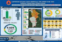 Infografis BPBD Kabupaten Sigi menampilkan perkembangan data dampak gempa bumi hingga hari ke-8 masa tanggap darurat, meliputi jumlah warga terdampak, kerusakan rumah, fasilitas umum terdampak, serta aktivitas gempa susulan per 23 Juni 2026.