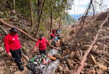 Tim gabungan melakukan pembukaan bendung alami yang terbentuk akibat gempabumi di kawasan Gunung Nokilalaki yang mengarah ke Sungai Kamarora, Kabupaten Sigi, Sulawesi Tengah, Selasa (23/6). Upaya ini dilakukan untuk mengurangi penumpukan air dan meminimalkan potensi risiko banjir bandang maupun aliran material saat terjadi hujan.