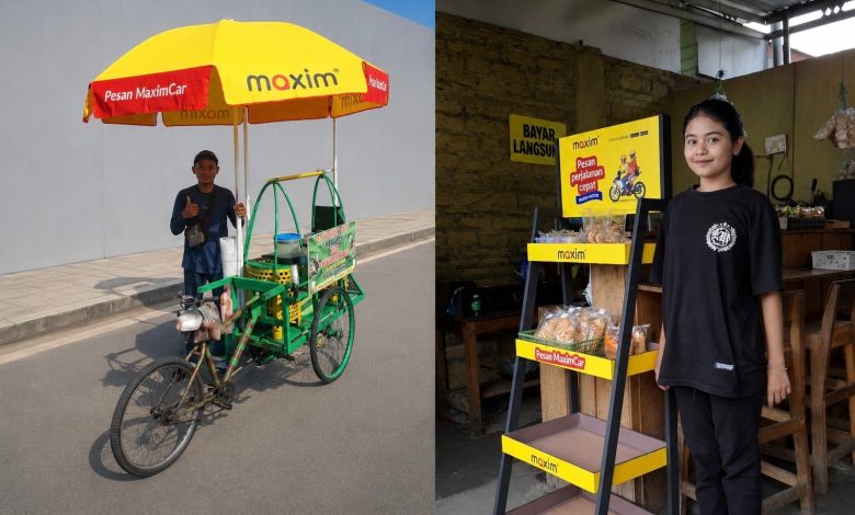 Program pendampingan UMKM Maxim di Kota Palu melalui penyediaan perlengkapan usaha, seperti payung dagang dan rak display, sebagai bagian dari dukungan bagi pelaku usaha lokal. (Foto: Maxim Indonesia)