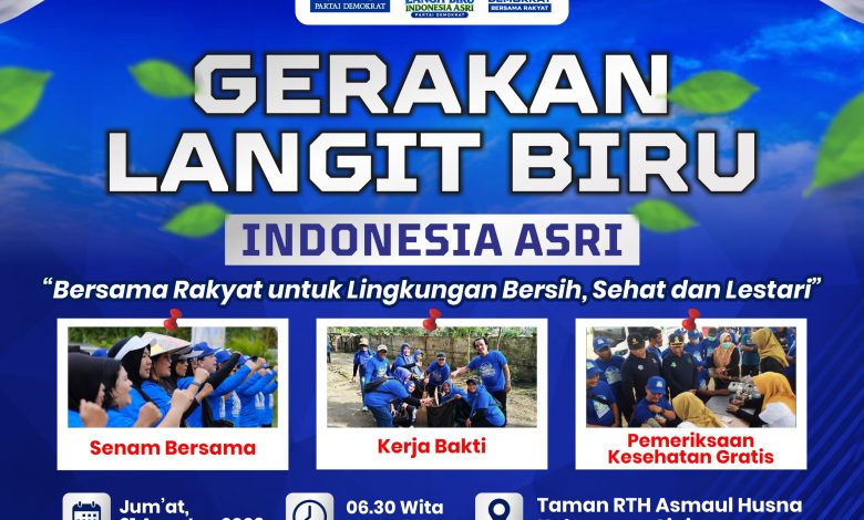 DPC Partai Demokrat Kabupaten Sigi menggelar Gerakan Langit Biru Indonesia Asri pada Jumat, 21 Agustus 2026, di Taman RTH Asmaul Husna. Kegiatan meliputi senam bersama, kerja bakti, dan pemeriksaan kesehatan gratis. (Foto: Dok. Demokrat Sigi)
