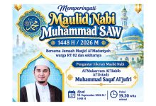 Poster peringatan Maulid Nabi Muhammad SAW 1448 H di Masjid Almadaniyah Tarakan yang menghadirkan Habib Muhammad Saqaf Aljufri, Ahad, 13 September 2026.