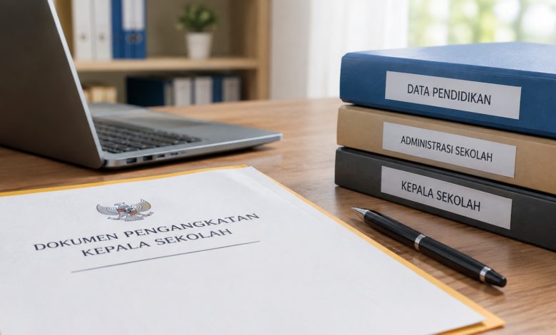lustrasi dokumen administrasi pengangkatan kepala sekolah dan data pendidikan. (Ilustrasi: Interkini.co)